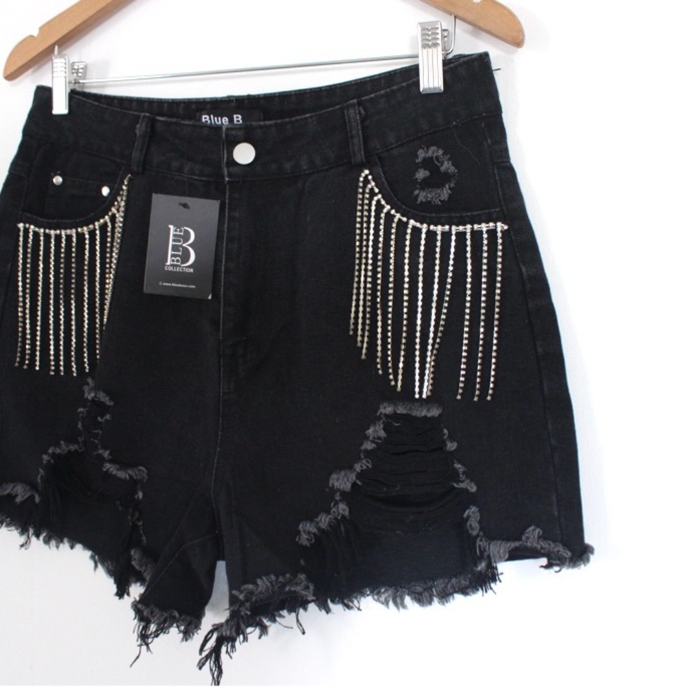 Blue B Collection Denim Rhinestone Fringe Shorts - Picture 4 of 5
